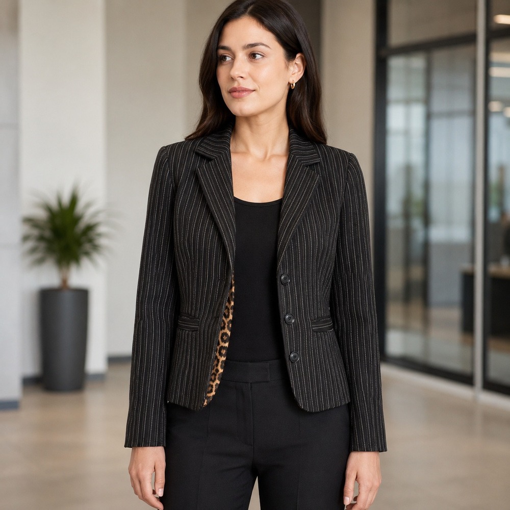 CAbi Joey Blazer Women 6 Black Pinstripe‎ Leopard Lined Style 364